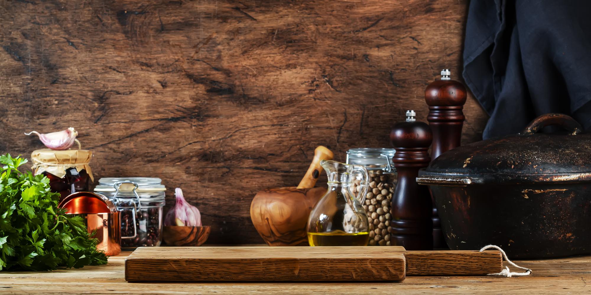 Artisan kitchen counter with spices and tools